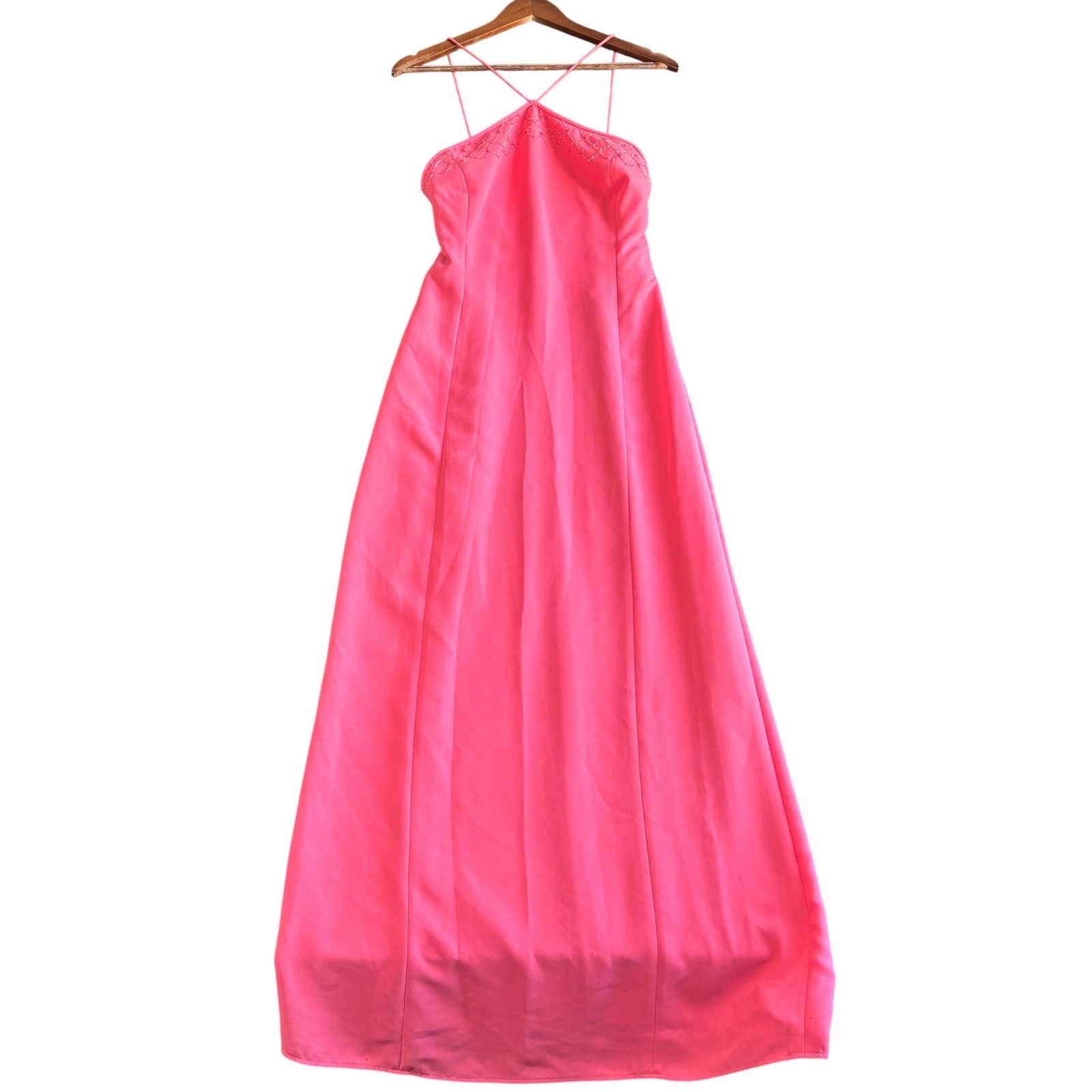 Clique New York Hot Pink Beaded Halter Maxi Gown Dress Womens Size 14 Vintage